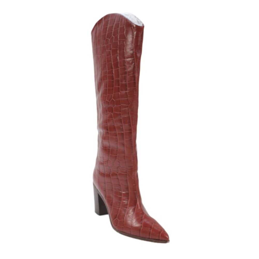 Schutz Womens Slip On Block Heel Croc Embossed Leather Knee High Boots Red 7B
